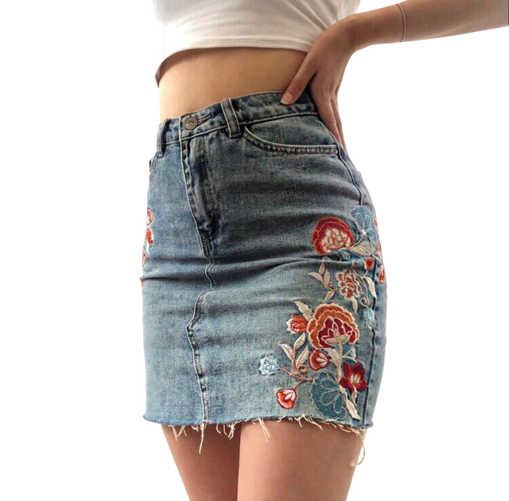 New Look Denim Jean Mini Skirt Embroidered Floral Raw Hem Festival Y2k Small 6